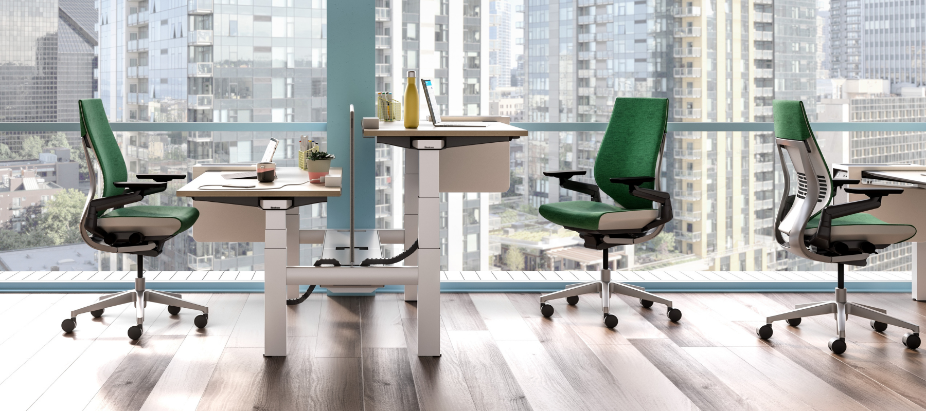 three Gesture task chairs upholstered in green at a height adjustable benching application