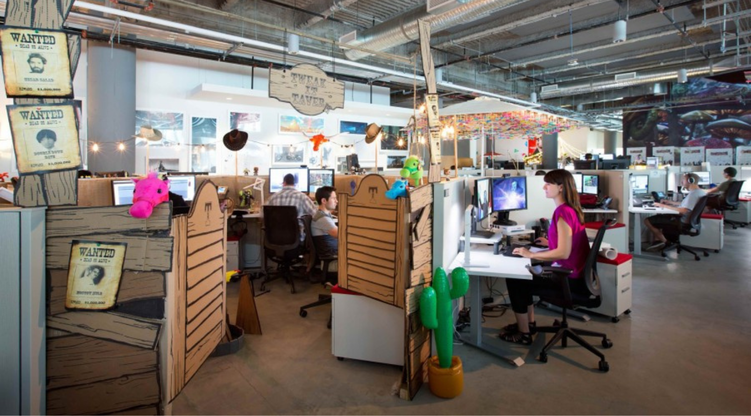 workstations with 180 degree desks and pedestal storage with red cushion tops