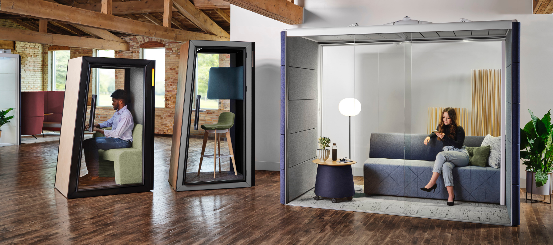 orangebox single person pods and a meeting room size pod