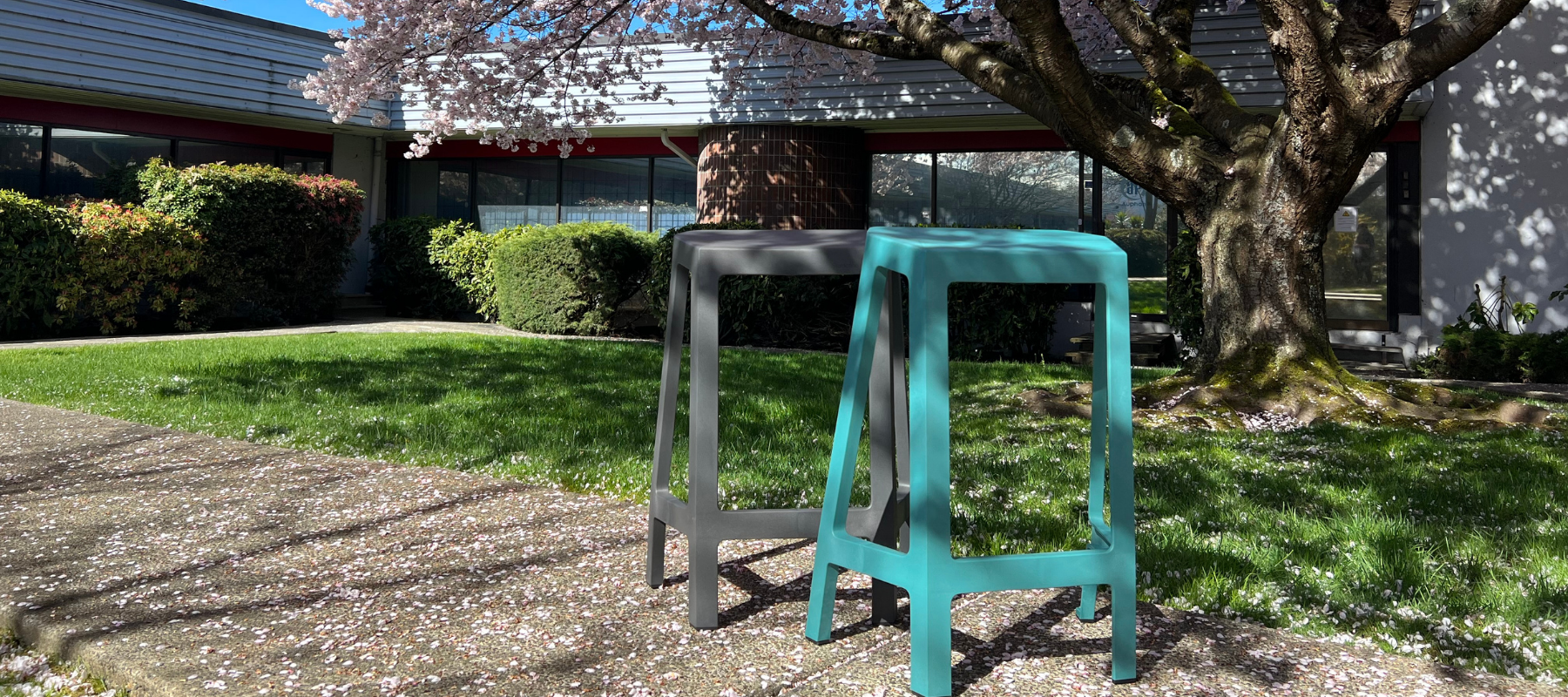 two stools made from recycled material outside of a building under a large cherry tree