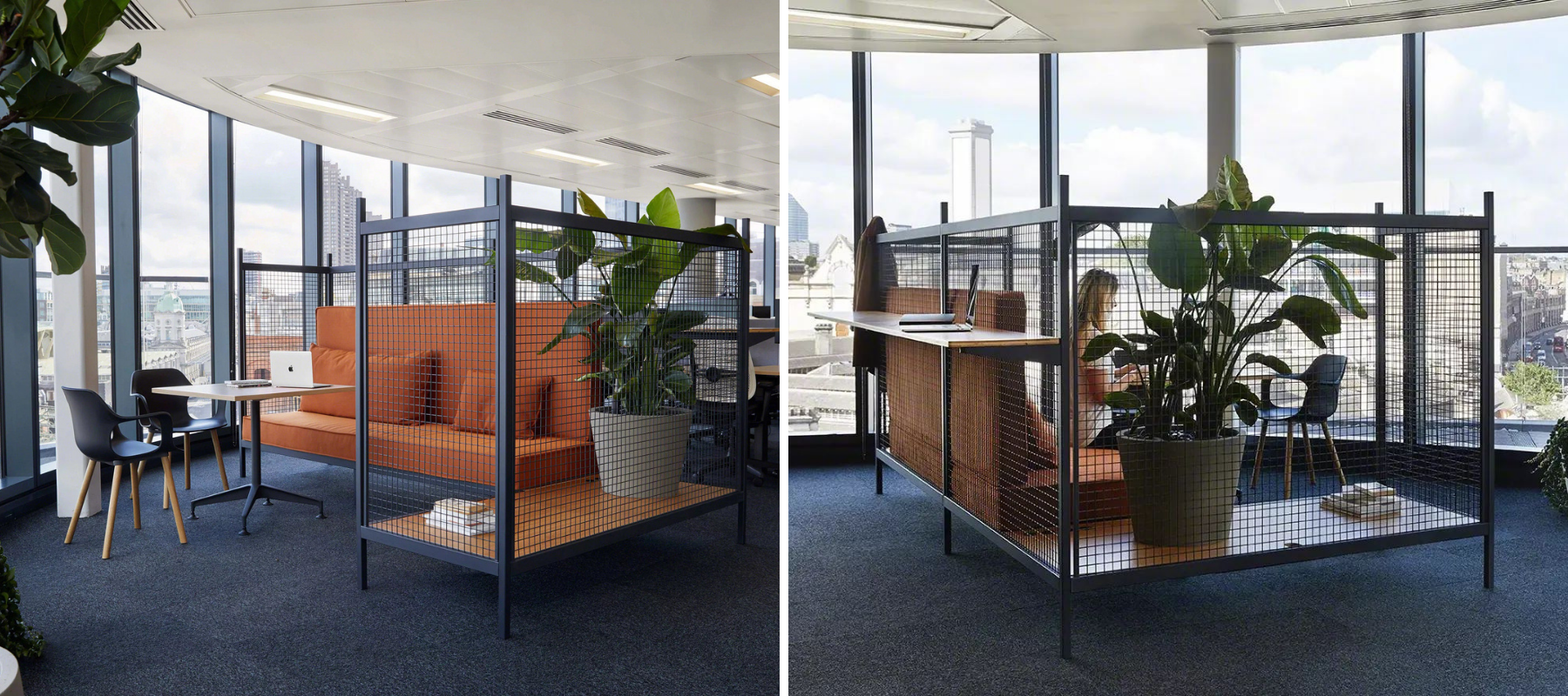 two photos of the grid collection, a lounge sofa with privacy partitions and a shelf for collaboration